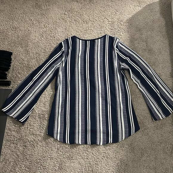 Karina & Chloe Coastal Striped Flowy Lace Up Blouse - Picture 8 of 9